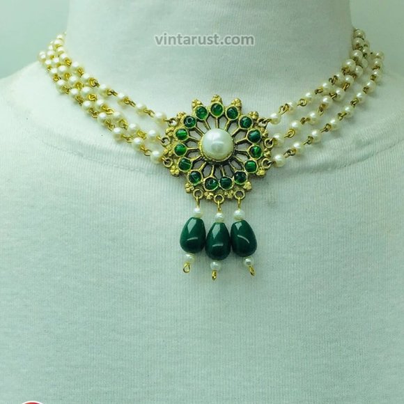 Green Stone and White Pearls Jewelry Set, Tribal Stones and Pearls Jewelry, - Picture 2 of 9